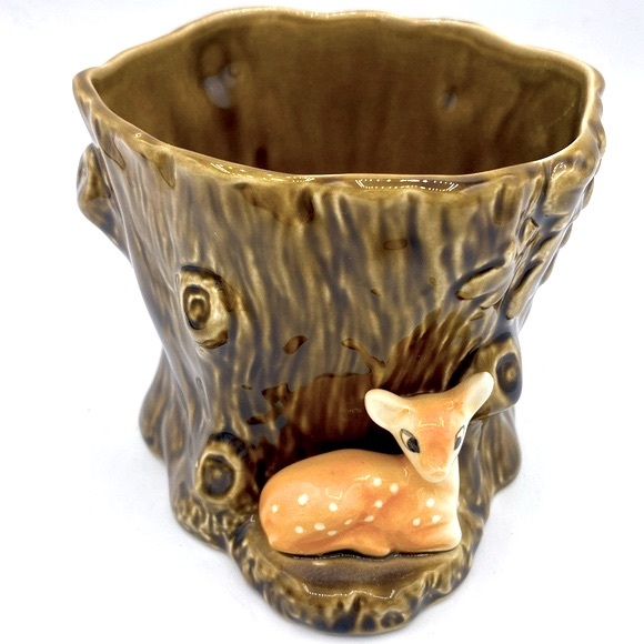 Vintage Ceramic 1950s Sylvac Tree Stump Planter With Fawn 4287 Original Sticker - Picture 1 of 9